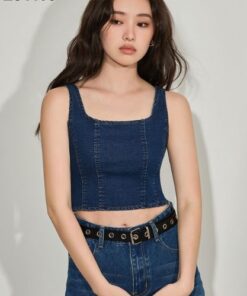 Áo Crop Top Denim Không Tay Cổ Vuông Màu Xanh Dương