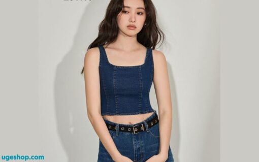 Áo Crop Top Denim Không Tay Cổ Vuông Màu Xanh Dương